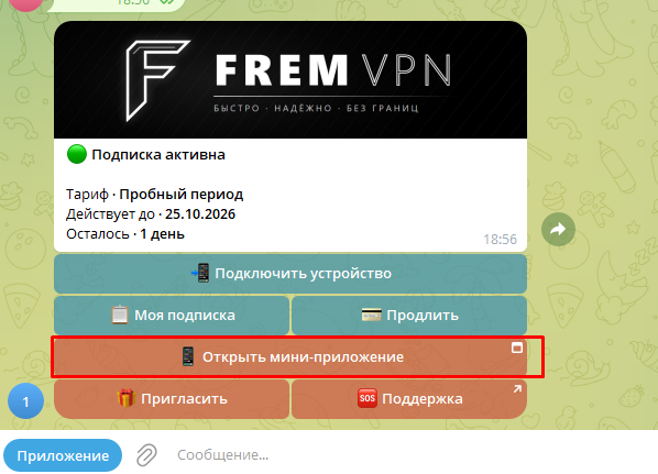 Бот на тарифе Максимум с кнопкой мини-приложения